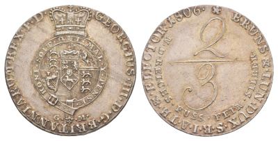 Брауншвейг-Люнебург 2/3 талера 1806 GFM, Георг III (1760-1820) KM 422, Welter 2815 серебро aUNC 00-822-84