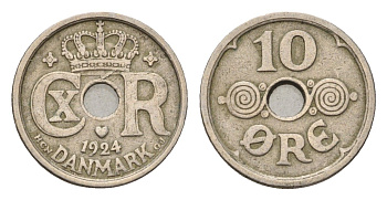 Дания 10 эре 1924 NCH, Кристиан X (1912-1947) KM 822 медно-никель 4701-925