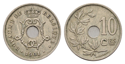 Бельгия 10 сантимов 1901 Belgique, Леопольд I (1865-1909) KM 48 медно-никель 4685-1032