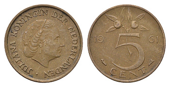 Нидерланды 5 центов 1961 Юлиана (1948-1980) KM 181 бронза 4685-121