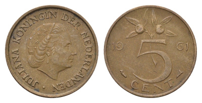 Нидерланды 5 центов 1961 Юлиана (1948-1980) KM 181 бронза 4685-121