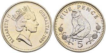 Гибралтар 5 пенсов 1989 АВ обезьяна KM 22 медно-никель UNC 87-513