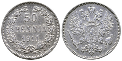 Россия для Финляндии 50 пенни 1911 L, Николай II (1894-1917) КМ 2.2, Биткин 404 серебро 4383-111