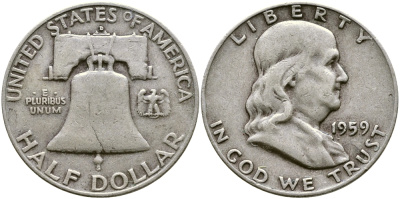 США 1/2 ДОЛЛАРА ( 50 ЦЕНТОВ ) 1959 D, ФРАНКЛИН, КОЛОКОЛ KM 199 серебро 58-621