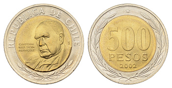 Чили 500 песо 2002 кардинал Рауль Сильва Энрикес (1907-1999) KM 235 биметалл UNC 4620-114
