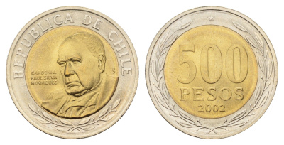 Чили 500 песо 2002 кардинал Рауль Сильва Энрикес (1907-1999) KM 235 биметалл UNC 4620-114