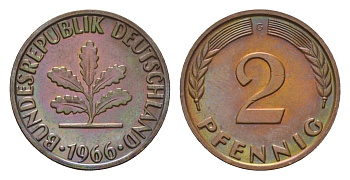 ФРГ 2 пфеннига 1966 G KM 106, J. 381 бронза 3458-247