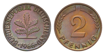 ФРГ 2 пфеннига 1966 G KM 106, J. 381 бронза 3458-247