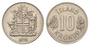 Исландия 10 крон 1970 KM 15 медно-никель aUNC 4586-551
