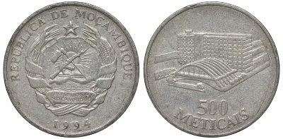 Мозамбик 500 метикалей 1994 вокзал KM 121 никелированная сталь 4162-624