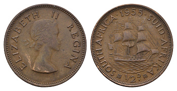 ЮАР 1/2 пенни 1955 Елизавета II (1952-1960), парусник KM 45 бронза 4693-231