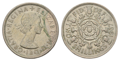Великобритания 2 шиллинга (флорин) 1967 Елизавета II (1952-2022) KM 906, Spink 4146 медно-никель 4183-645