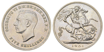Великобритания 1 крона (5 шиллингов) 1951 Георг VI (1936-1952), фестиваль Британии, Георгий Победоносец KM 880, Spink 4111 медно-никель UNC 00-00