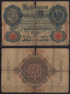 Германия 20 марок 1910 Pick 40 b бумага 6293-35-2-1
