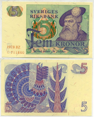 Швеция 5 крон 1978 BZ, Густав I Ваза Pick 51d бумага aUNC 444-103-1