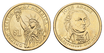 США 1 доллар 2007 D, Президент США - Джон Адамс (1797-1801) KM 402 медь с марганцево-латунным покрытием UNC 4698-1117