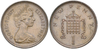 Великобритания 1 пенни 1977 Елизавета II (1952-2022) KM 915, Spink 4237 (B1) бронза 4585-866