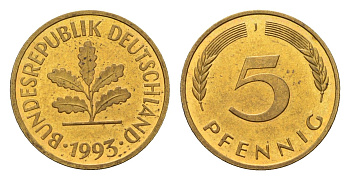 Германия 5 пфеннигов 1993 J KM 107, J. 382 сталь плакированная латунью 4685-444