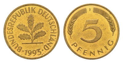 Германия 5 пфеннигов 1993 J KM 107, J. 382 сталь плакированная латунью 4685-444