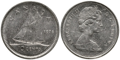 Канада 10 центов 1976 Елизавета II (1952-2022), парусник KM 77.1 никель 4532-821