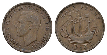 Великобритания 1/2 пенни 1940 Георг VI (1936-1952) KM 844, Spink 4115 бронза 4519-123