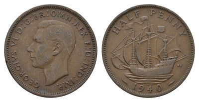 Великобритания 1/2 пенни 1940 Георг VI (1936-1952) KM 844, Spink 4115 бронза 4519-123