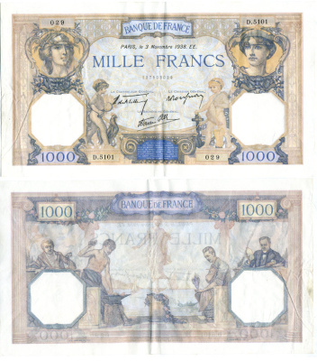 Франция 1000 франков 1938 3 ноября 1938 ЕЕ Pick 90с бумага 434-6-2-1