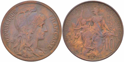 Франция 10 сантимов 1917 тип Даниэль Дюпюи KM 843, LA FRANC 136.29 бронза 109-433