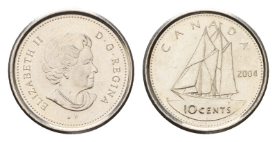 Канада 10 центов 2004 P, Елизавета II (1952-2022), парусник KM 492 сталь плакированная никелем UNC 4689-624
