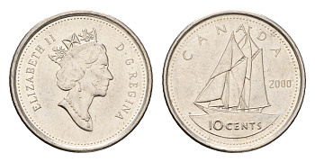 Канада 10 центов 2000 Елизавета II (1952-2022), парусник сталь плакированная никелем 4689-613