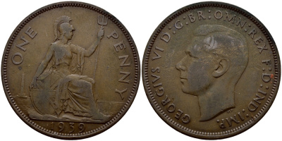 Великобритания 1 пенни 1939 Георг VI (1936-1952) KM 845, Spink 4114 бронза 4364-3833