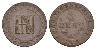 Вестфалия 3 сантима 1810 C, Жером Бонапарт (1807-1813), из коллекции Ричарда Б. Смита Smith 297, KM 93, ASK 41 медь 1525-1114
