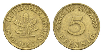 ФРГ 5 пфеннигов 1949 F KM 102, J. 377 сталь плакированная латунью 4685-364