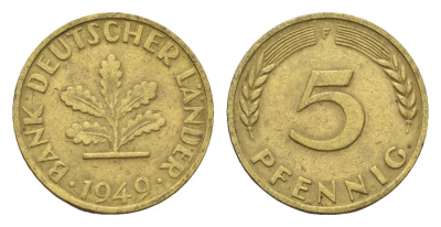 ФРГ 5 пфеннигов 1949 F KM 102, J. 377 сталь плакированная латунью 4685-364