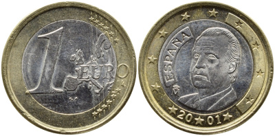ИСПАНИЯ 1 ЕВРО 2001 ХУАН КАРЛОС I KM 1046 биметалл 4391-223
