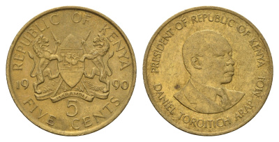 Кения 5 центов 1990 Дэниэл арап Мои KM 17 никель латунь 4662-553