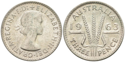 Австралия 3 пенса 1963 KG, Елизавета II (1952-2022) KM 57 серебро 4585-519