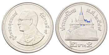 Таиланд 2 бата 2006 BE 2549, Рама IX (1946-2016) Y 444 сталь плакированная никелем UNC 4701-367
