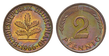 ФРГ 2 пфеннига 1966 D KM 106, J. 381 бронза 4682-866