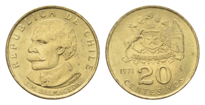 Чили 20 сентесимо 1971 KM 195 алюминиевая бронза UNC 4689-143