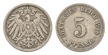 Германия 5 пфеннигов 1908 A KM 11, J. 12 медно-никель 4696-643