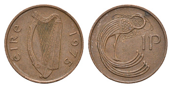 Ирландия 1 пенни 1975 мифологическая птица лира KM 20 бронза 4687-925