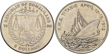 Сомалиленд 5 долларов 1998 крушение "Титаника" X 2 медно-никель UNC 11-082-33
