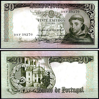Португалия 20 эскудо 1964 Антоний Падуанский Pick 167 b (2) бумага UNC (пресс) 402-40-2-1