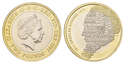 Великобритания 2 фунта 2012 Елизавета II (1952-2022), 200 лет со дня рождения Чарльза Диккенса KM 1224, Spink K29 биметалл BU 76-714