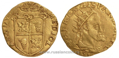 Милан доппиа 1588 Филипп II Испанский Crippa 4/E (R2) Fb. 716 золото 00-00