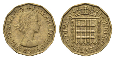Великобритания 3 пенса 1958 Елизавета II (1952-2022) KM 900, Spink 4153 никель латунь 4699-435
