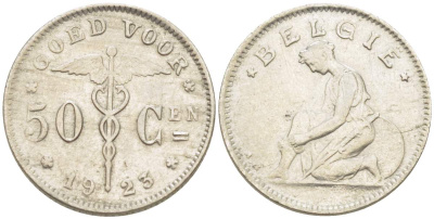 БЕЛЬГИЯ 50 САНТИМОВ 1923 BELGIE KM 88 никель 4516-1252