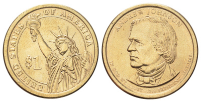 США 1 доллар 2011 Президент США - Эндрю Джонсон (1865-1869) KM 499 медь с марганцево-латунным покрытием UNC 4699-922