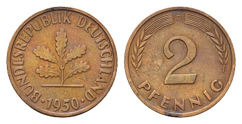 ФРГ 2 пфеннига 1950 D KM 106, J. 381 бронза 4596-1017